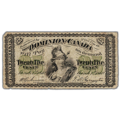 25 Cents 1870 Dominion of Canada Shinplaster Note Letter 'B' DC-1b - VG/F (pinholes)