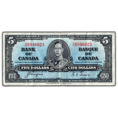 $5 1937 Bank of Canada Note Coyne-Towers H/S Final Prefix BC-23c - Nice VF