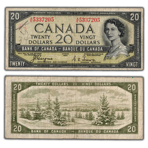 SOLD $20 1954 Bank of Canada Note Devil Face Coyne-Towers A/E Prefix BC-33a - Writing