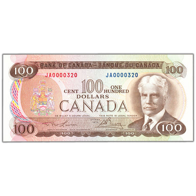 $100 1975 Bank of Canada Note JA Prefix Low Serial #320 BC-52a - UNC