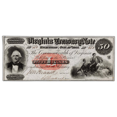 United States 1862 Virginia Treasury $50 Fifty Dollars Note - UNC (tear)