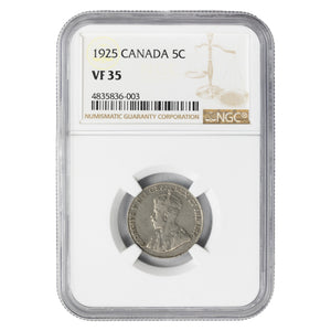 SOLD Canada 1925 5 Cents Nickel Coin - NGC VF-35