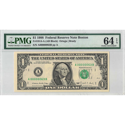 United States 1988 $1 Note Low Serial #63 Fr .1914-A - PMG Ch UNC-64 EPQ