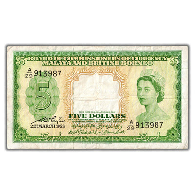 SOLD Malaya & British Borneo 1953 $5 Five Dollars Note P #2a - F/VF