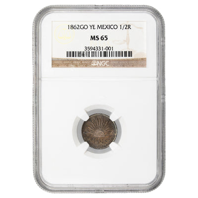 SOLD Mexico 1862 Go-YE 1/2 Half Real Silver Coin - NGC MS-65