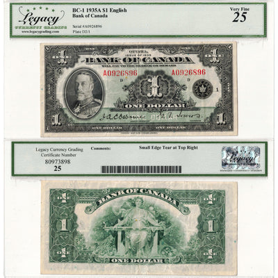 $1 1935 Bank of Canada Note English Text BC-1 - Legacy VF-25