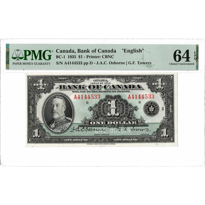 SOLD $1 1935 Bank of Canada Note English Text BC-1 - PMG Ch UNC-64 EPQ