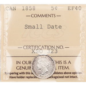 SOLD Canada 1858 Small Date 5 Cents Silver Coin - ICCS EF-40