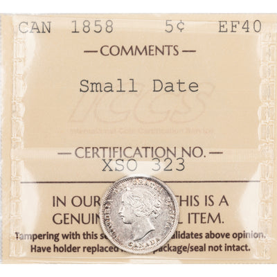 SOLD Canada 1858 Small Date 5 Cents Silver Coin - ICCS EF-40