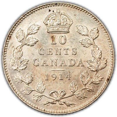 Canada 1914 10 Cents Dime Silver Coin - Almost Uncirculated (obv. scratch)