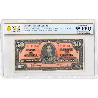 SOLD $50 1937 Bank of Canada Note Gordon-Towers B/H Prefix BC-26b - PCGS AU-55 PPQ