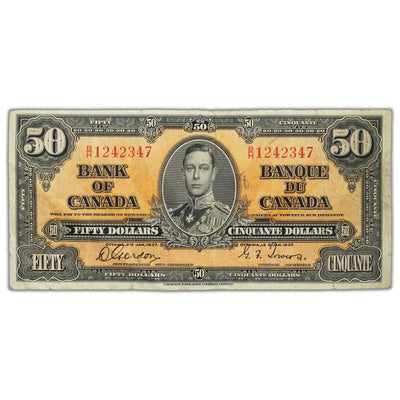 SOLD $50 1937 Bank of Canada Note Gordon-Towers B/H Prefix BC-26b - Writing