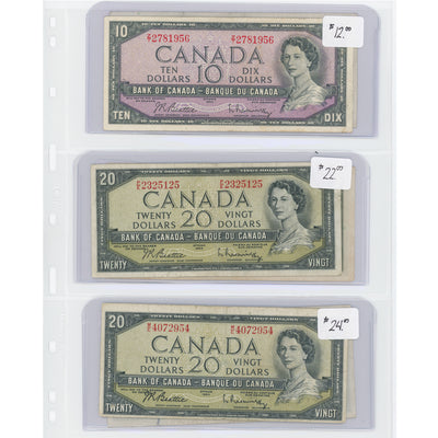 SOLD $10-100 1954 Bank of Canada Notes Modified Portrait - Lot of 6 - Retail $220