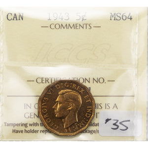 SOLD Canada 1943 5 Cents Tombac Nickel Coin - ICCS MS-64