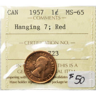 SOLD Canada 1957 Hanging 7 1 Small Cent Coin - ICCS MS-65 Red
