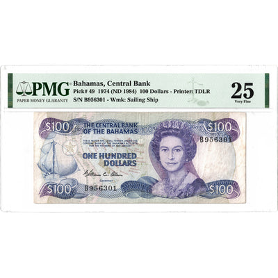 SOLD Bahamas 1974 (1984) $100 Dollars Note P #49 - PMG VF-25