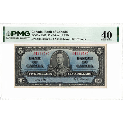 $5 1937 Bank of Canada Note Osborne Signature BC-23a - PMG EF-40