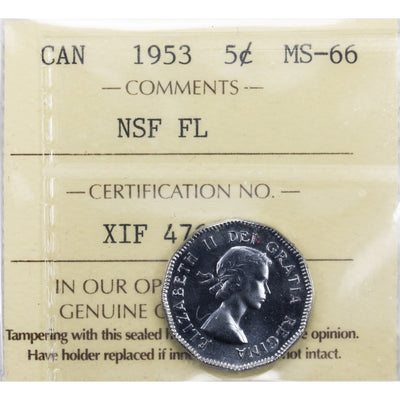 SOLD Canada 1953 NSF FL 5 Cents Coin - ICCS MS-66