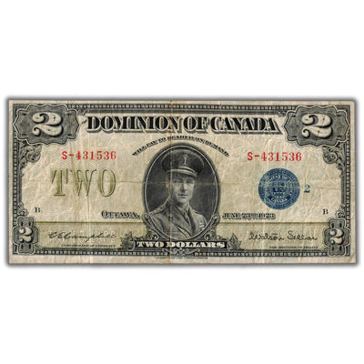 $2 1923 Dominion of Canada Note Campbell-Sellar Blue Seal Series S DC-26i - Fine+