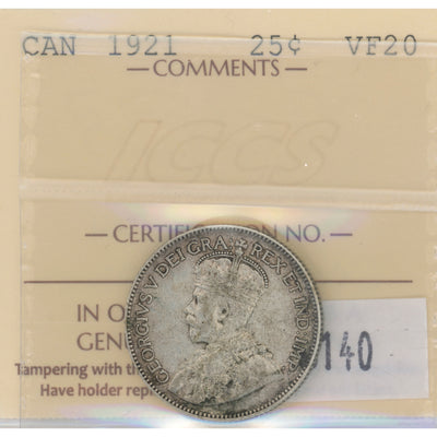 SOLD Canada 1921 25 Cents Quarter Silver Coin - ICCS VF-20