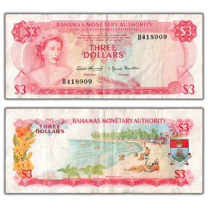 SOLD Bahamas 1968 $3 Three Dollars Note P #28a - VF+
