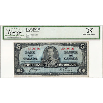 SOLD $5 1937 Bank of Canada Note Radar Serial 8832388 BC-23c - Legacy VF-25