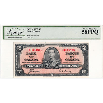 $2 1937 Bank of Canada Note Coyne-Towers C/R Prefix BC-22c - Legacy AU-58 PPQ