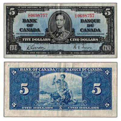 $5 1937 Bank of Canada Note Gordon-Towers C/C Prefix BC-23b - VF