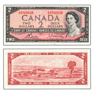 SOLD $2 1954 Bank of Canada Note Bouey-Rasminsky G/G Prefix BC-38c - EF/AU