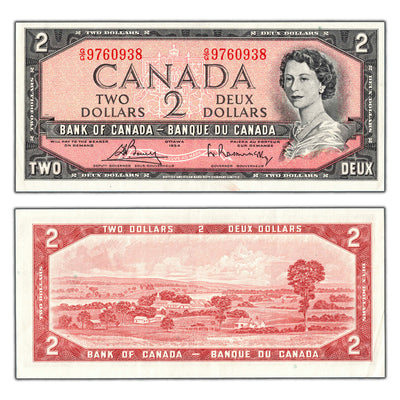 SOLD $2 1954 Bank of Canada Note Bouey-Rasminsky G/G Prefix BC-38c - EF/AU