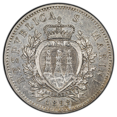 SOLD San Marino 1898 5 Lire Silver Coin KM #6 - One Year Type!
