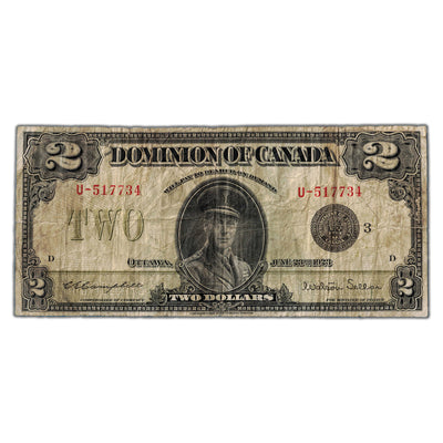 SOLD $2 1923 Dominion of Canada Note Black Seal Series U DC-26j - Fine