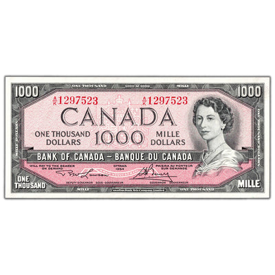 SOLD $1000 1954 Bank of Canada Note Lawson-Bouey A/K Prefix BC-44d - Uncirculated