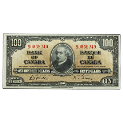 SOLD $100 1937 Bank of Canada Note Gordon-Towers B/J Prefix BC-27b - EF/AU