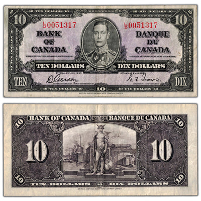 $10 1937 Bank of Canada Note Gordon-Towers L/D Prefix BC-24b - VF