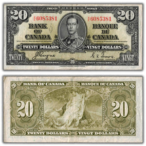 SOLD $20 1937 Bank of Canada Note Coyne-Towers K/E Prefix BC-25c - Minor Writing
