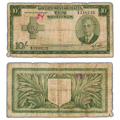 Malta ND (1949) 10 Ten Shillings Note P #21 - Several Issues