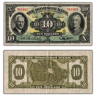 $10 1938 The Dominion Bank Canada Chartered Note #220-28-10 - VF