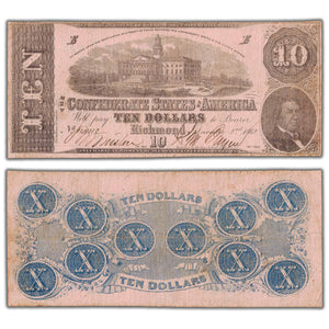 SOLD United States Confederate 1862 $10 Ten Dollars Note T-52