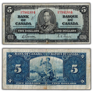 SOLD $5 1937 Bank of Canada Note Gordon-Towers U/C Prefix BC-23b - Minor Writing/Pinholes