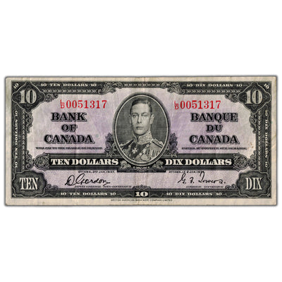 $10 1937 Bank of Canada Note Gordon-Towers L/D Prefix BC-24b - VF