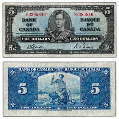 $5 1937 Bank of Canada Note Gordon-Towers E/C Prefix BC-23b - F/VF