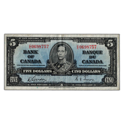 $5 1937 Bank of Canada Note Gordon-Towers C/C Prefix BC-23b - VF