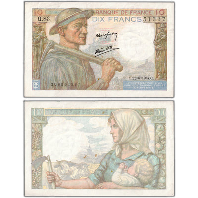 France 1944 10 Ten Francs Note P #99e - VF+