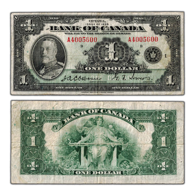 $1 1935 Bank of Canada Note English Text Letter 'A' BC-1 - Fine+ (minor pinholes)