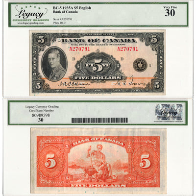 SOLD $5 1935 Bank of Canada Note English Text BC-5 - Legacy VF-30