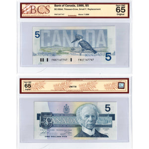 SOLD $5 1986 Bank of Canada Note FNX Replacement Above 7.08m BC-56bA - BCS Gem UNC-65