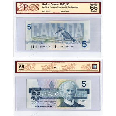 SOLD $5 1986 Bank of Canada Note FNX Replacement Above 7.08m BC-56bA - BCS Gem UNC-65