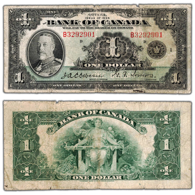 $1 1935 Bank of Canada Note English Text Letter 'B' BC-1 - Circulated
