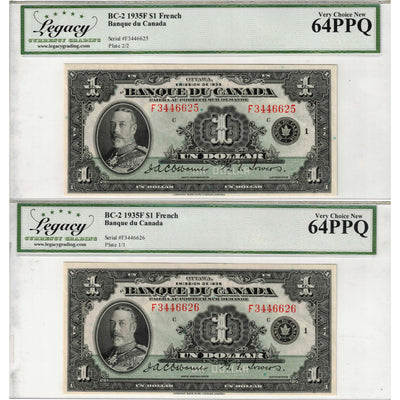 SOLD $1 1935 Banque Du Canada Notes French Text BC-2 - 2 Consecutive Legacy UNC-64 PPQ